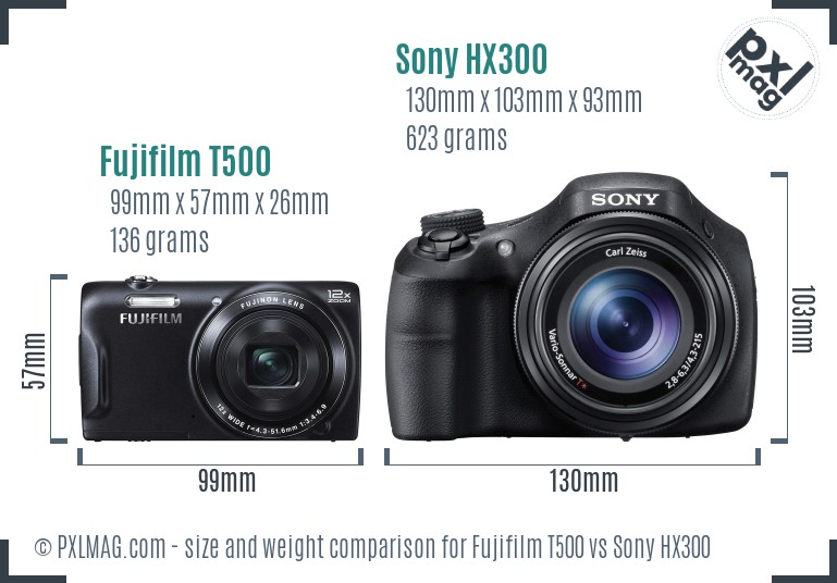 Fujifilm T500 vs Sony HX300 size comparison