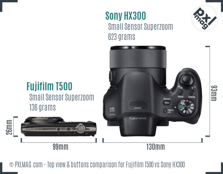 Fujifilm T500 vs Sony HX300 top view buttons comparison