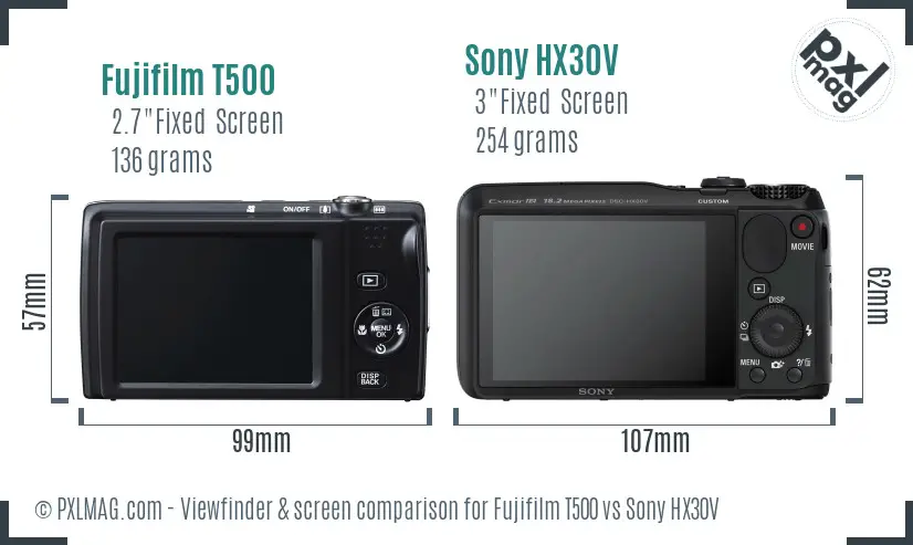 Fujifilm T500 vs Sony HX30V Screen and Viewfinder comparison