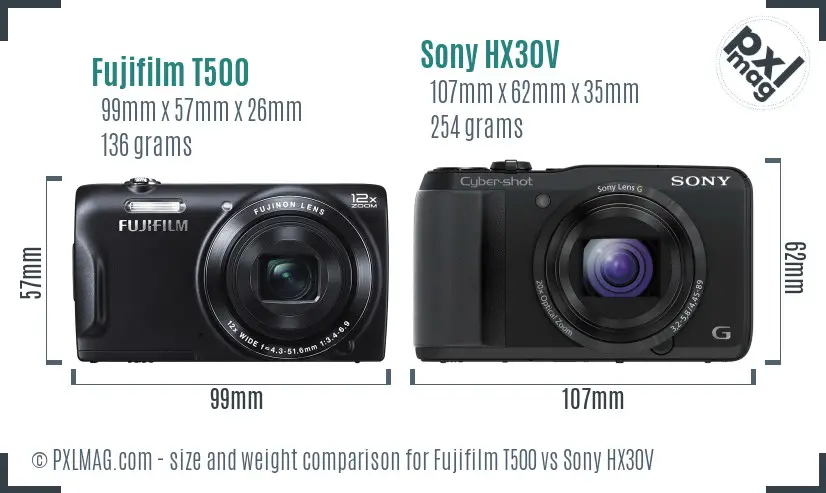 Fujifilm T500 vs Sony HX30V size comparison