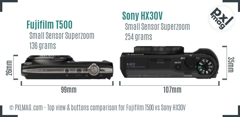 Fujifilm T500 vs Sony HX30V top view buttons comparison