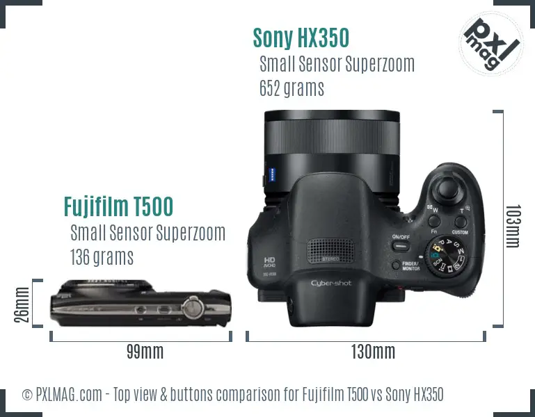 Fujifilm T500 vs Sony HX350 top view buttons comparison