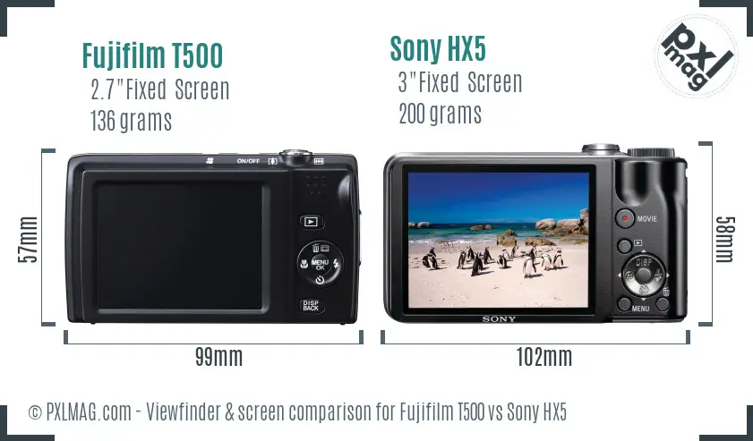 Fujifilm T500 vs Sony HX5 Screen and Viewfinder comparison