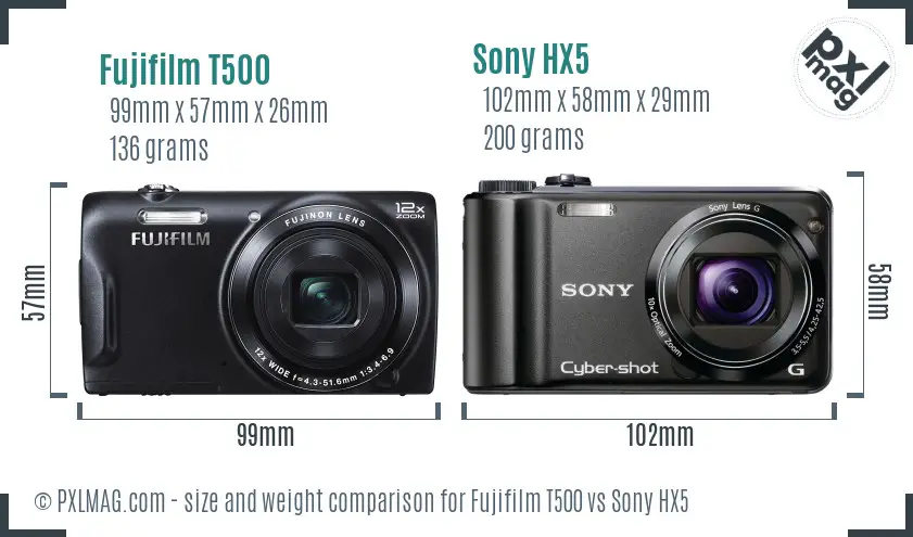 Fujifilm T500 vs Sony HX5 size comparison