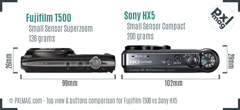 Fujifilm T500 vs Sony HX5 top view buttons comparison