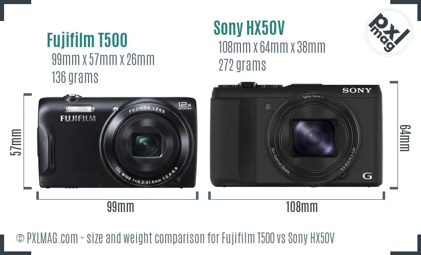 Fujifilm T500 vs Sony HX50V size comparison