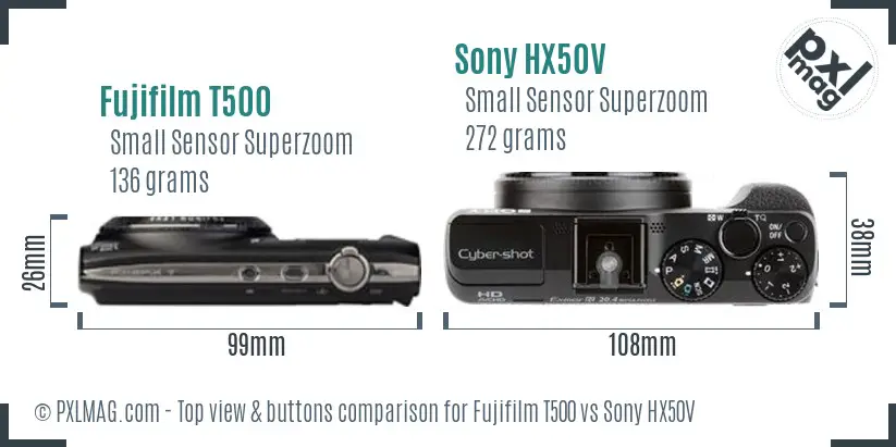 Fujifilm T500 vs Sony HX50V top view buttons comparison