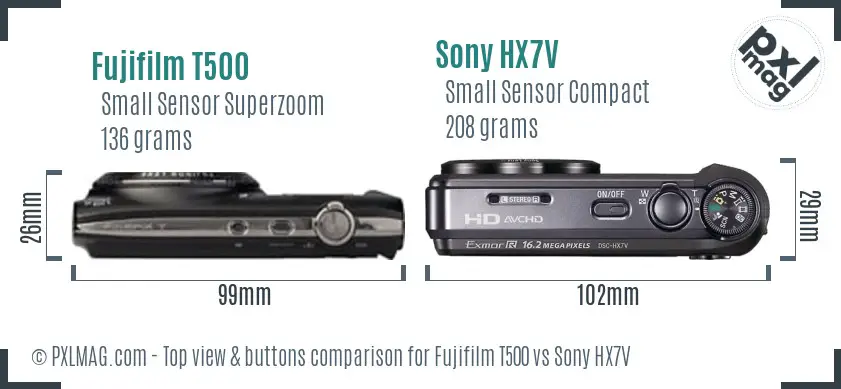 Fujifilm T500 vs Sony HX7V top view buttons comparison Fujifilm T500 vs Sony HX7V top view buttons comparison