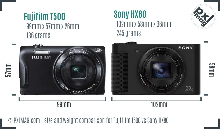 Fujifilm T500 vs Sony HX80 size comparison Fujifilm T500 vs Sony HX80 size comparison