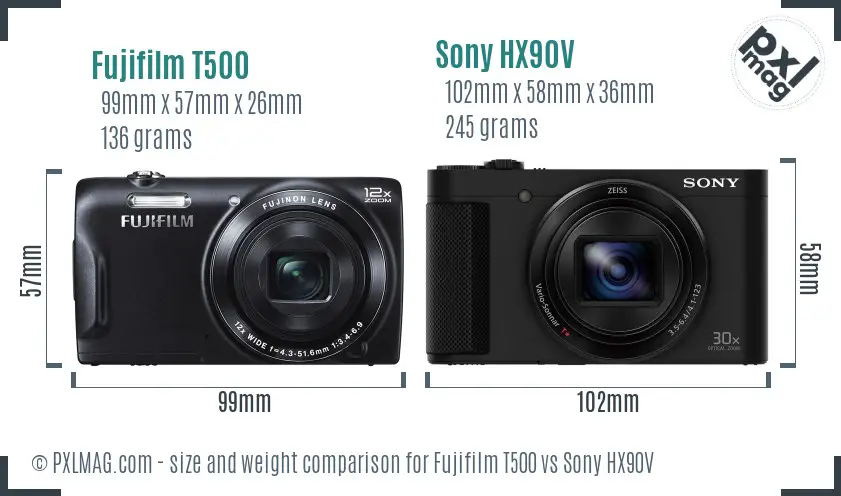 Fujifilm T500 vs Sony HX90V size comparison