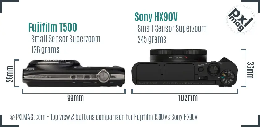 Fujifilm T500 vs Sony HX90V top view buttons comparison