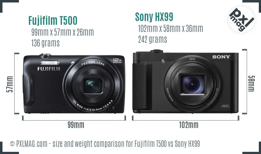 Fujifilm T500 vs Sony HX99 size comparison