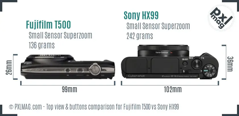 Fujifilm T500 vs Sony HX99 top view buttons comparison