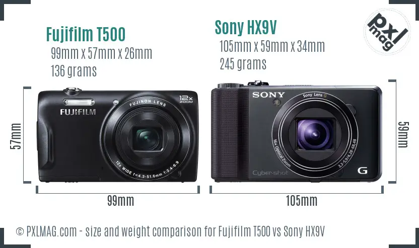 Fujifilm T500 vs Sony HX9V size comparison Fujifilm T500 vs Sony HX9V size comparison