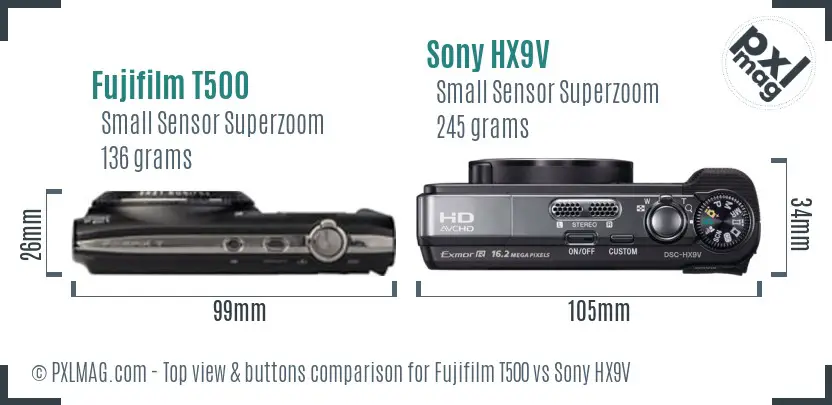 Fujifilm T500 vs Sony HX9V top view buttons comparison Fujifilm T500 vs Sony HX9V top view buttons comparison