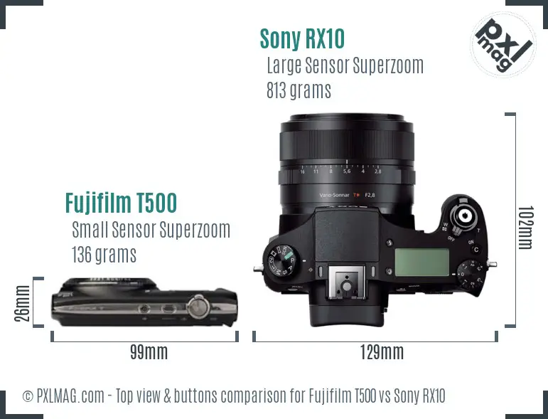 Fujifilm T500 vs Sony RX10 top view buttons comparison
