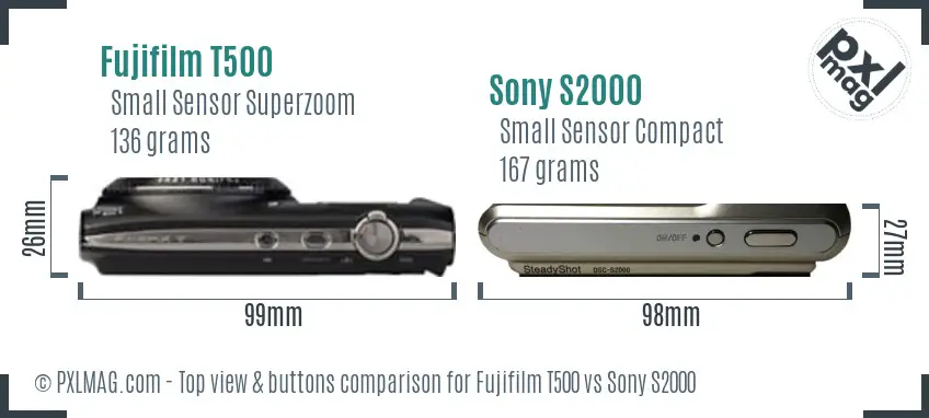 Fujifilm T500 vs Sony S2000 top view buttons comparison Fujifilm T500 vs Sony S2000 top view buttons comparison