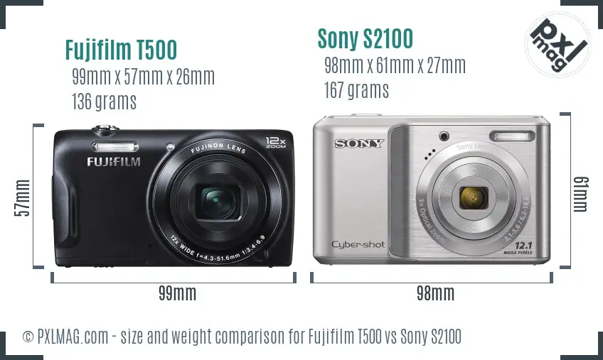 Fujifilm T500 vs Sony S2100 size comparison