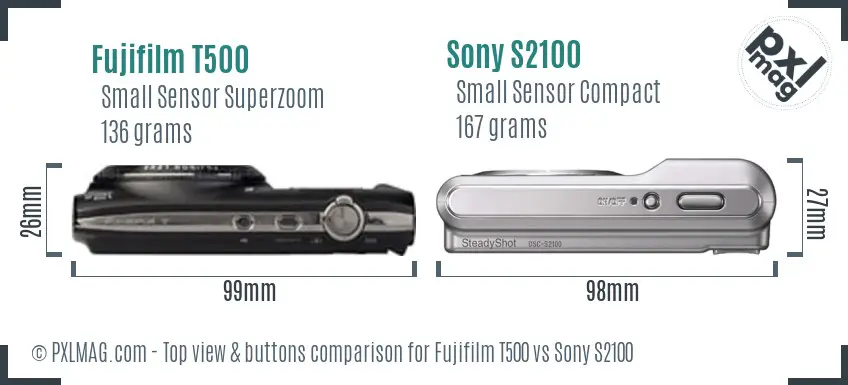 Fujifilm T500 vs Sony S2100 top view buttons comparison