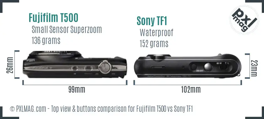 Fujifilm T500 vs Sony TF1 top view buttons comparison