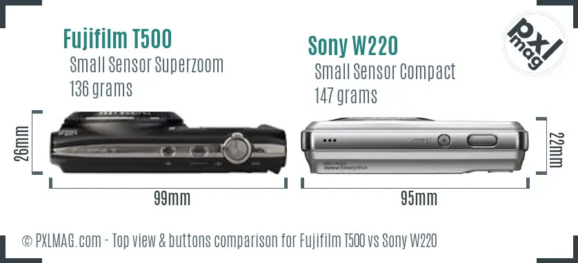 Fujifilm T500 vs Sony W220 top view buttons comparison Fujifilm T500 vs Sony W220 top view buttons comparison