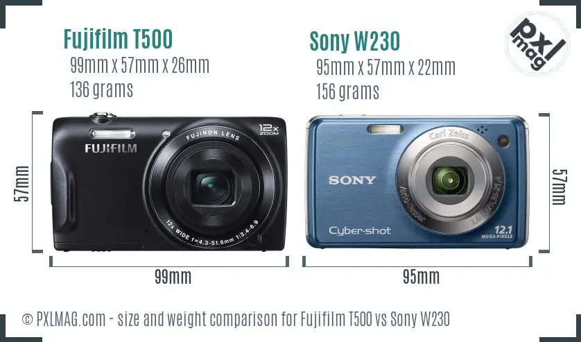 Fujifilm T500 vs Sony W230 size comparison