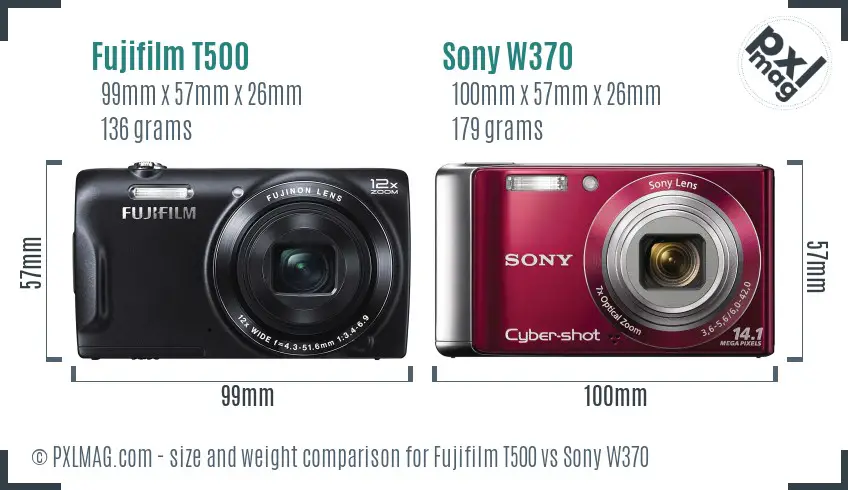 Fujifilm T500 vs Sony W370 size comparison