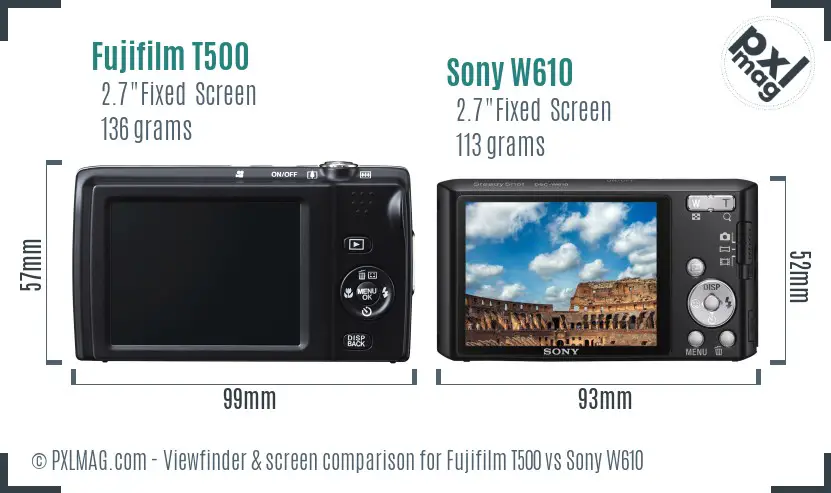 Fujifilm T500 vs Sony W610 Screen and Viewfinder comparison