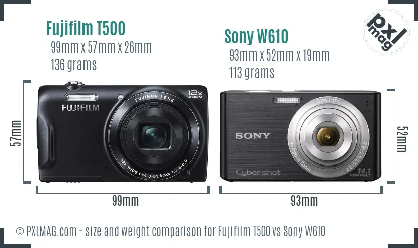 Fujifilm T500 vs Sony W610 size comparison