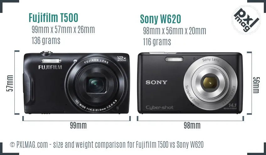 Fujifilm T500 vs Sony W620 size comparison