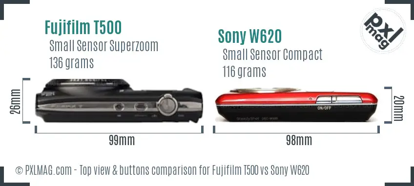 Fujifilm T500 vs Sony W620 top view buttons comparison