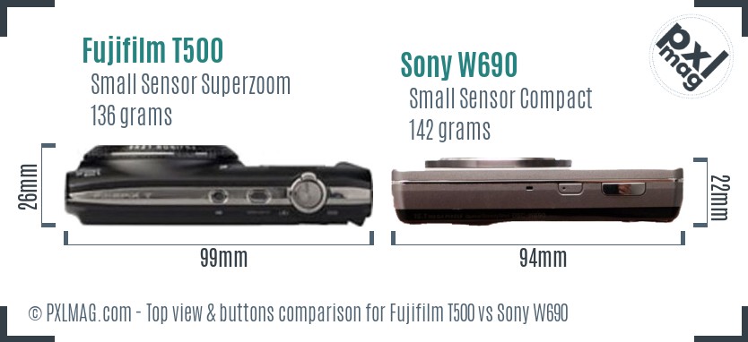 Fujifilm T500 vs Sony W690 top view buttons comparison