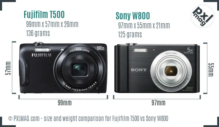 Fujifilm T500 vs Sony W800 size comparison