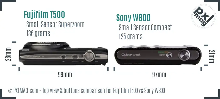 Fujifilm T500 vs Sony W800 top view buttons comparison