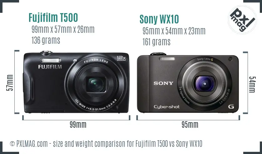 Fujifilm T500 vs Sony WX10 size comparison