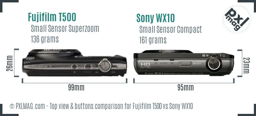 Fujifilm T500 vs Sony WX10 top view buttons comparison