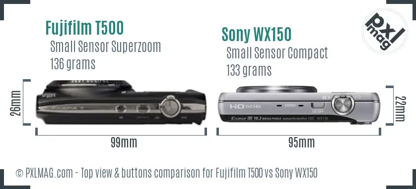 Fujifilm T500 vs Sony WX150 top view buttons comparison Fujifilm T500 vs Sony WX150 top view buttons comparison