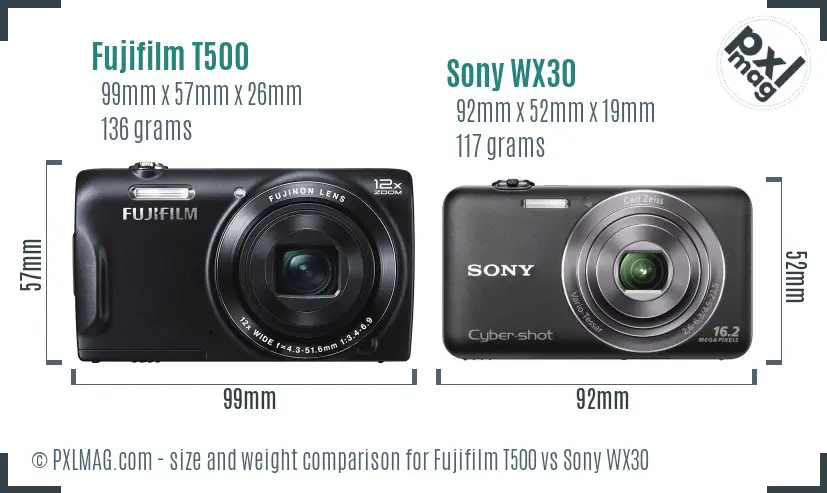 Fujifilm T500 vs Sony WX30 size comparison