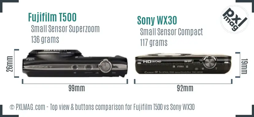 Fujifilm T500 vs Sony WX30 top view buttons comparison