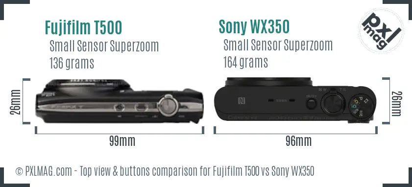 Fujifilm T500 vs Sony WX350 top view buttons comparison Fujifilm T500 vs Sony WX350 top view buttons comparison