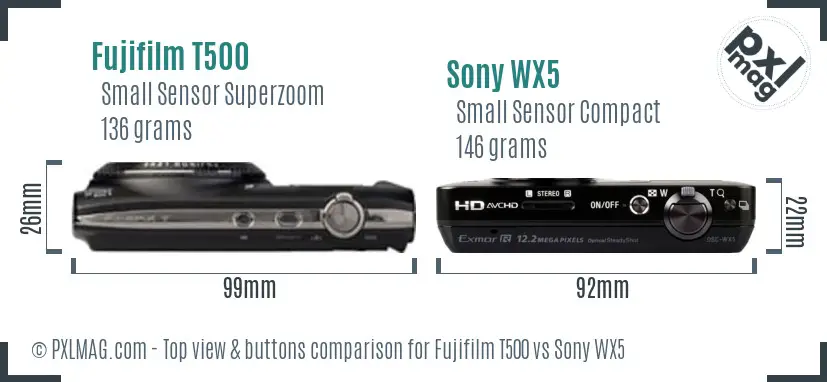 Fujifilm T500 vs Sony WX5 top view buttons comparison Fujifilm T500 vs Sony WX5 top view buttons comparison