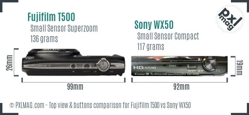 Fujifilm T500 vs Sony WX50 top view buttons comparison Fujifilm T500 vs Sony WX50 top view buttons comparison