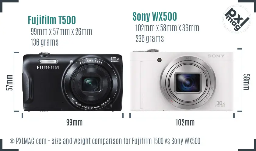 Fujifilm T500 vs Sony WX500 size comparison