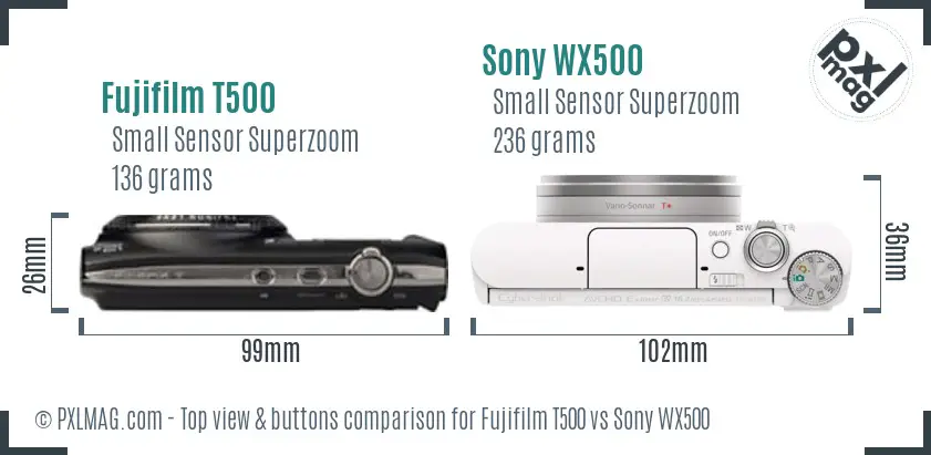 Fujifilm T500 vs Sony WX500 top view buttons comparison