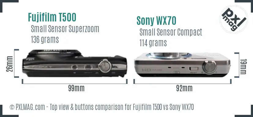 Fujifilm T500 vs Sony WX70 top view buttons comparison