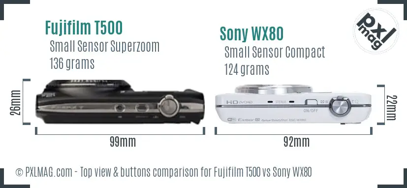 Fujifilm T500 vs Sony WX80 top view buttons comparison