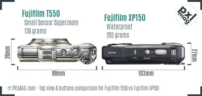 Fujifilm T550 vs Fujifilm XP150 top view buttons comparison
