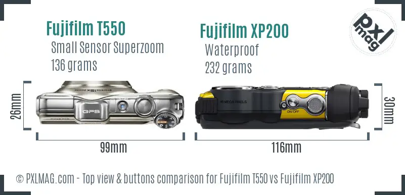 Fujifilm T550 vs Fujifilm XP200 top view buttons comparison