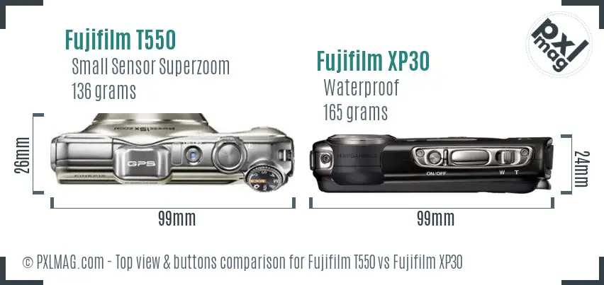 Fujifilm T550 vs Fujifilm XP30 top view buttons comparison