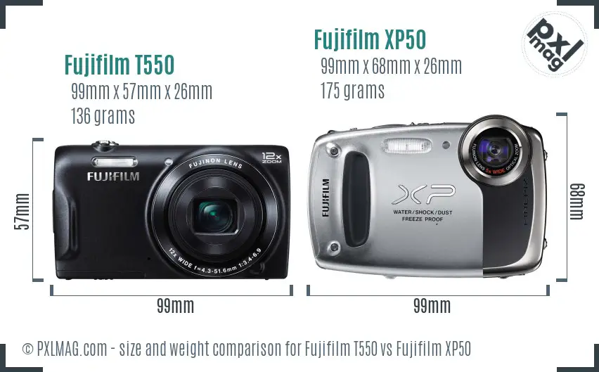 Fujifilm T550 vs Fujifilm XP50 size comparison